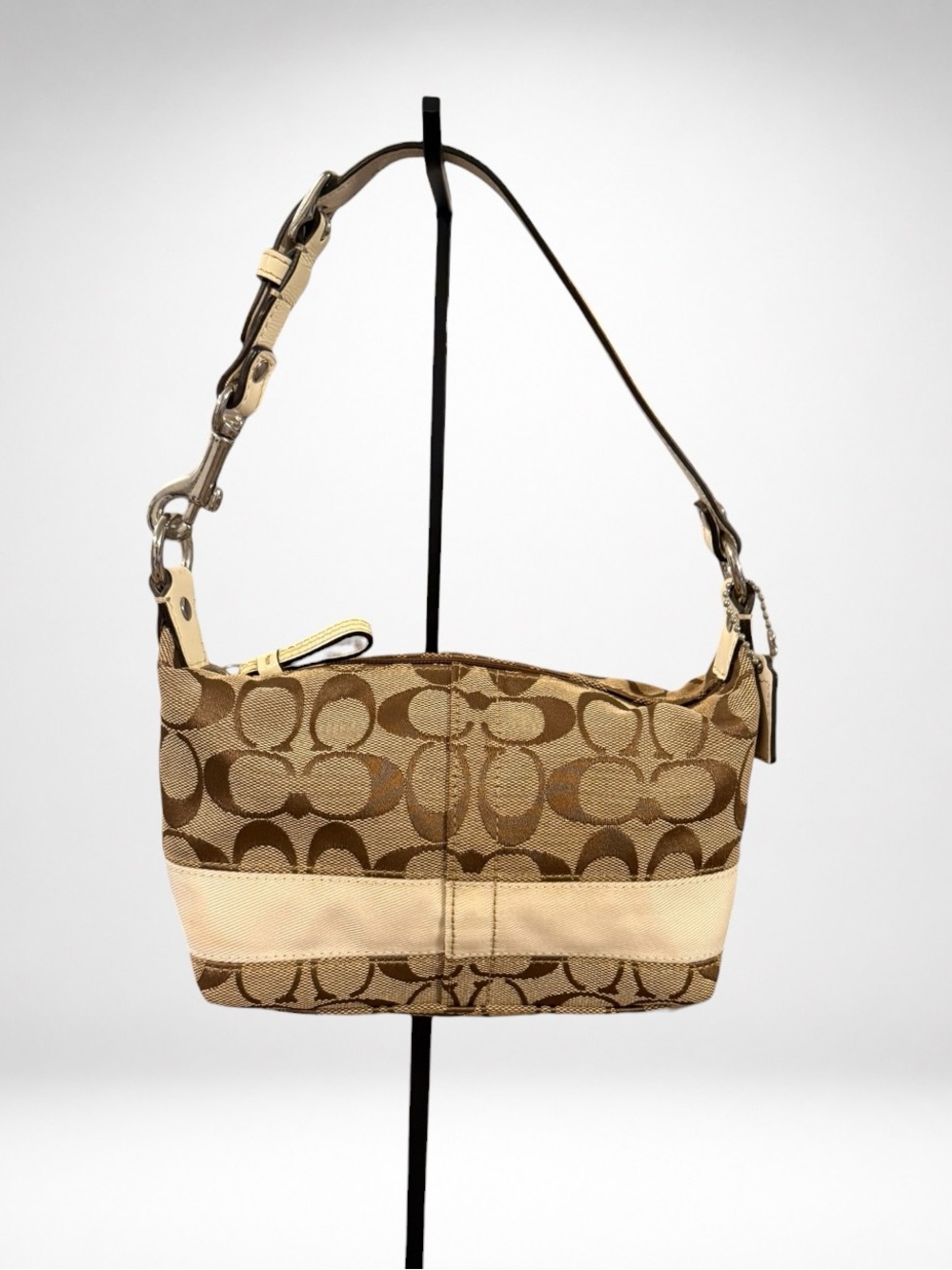 COACH Signature Stripe Demi Mini Shoulder Bag Brown Jacquard White Leather Trim
